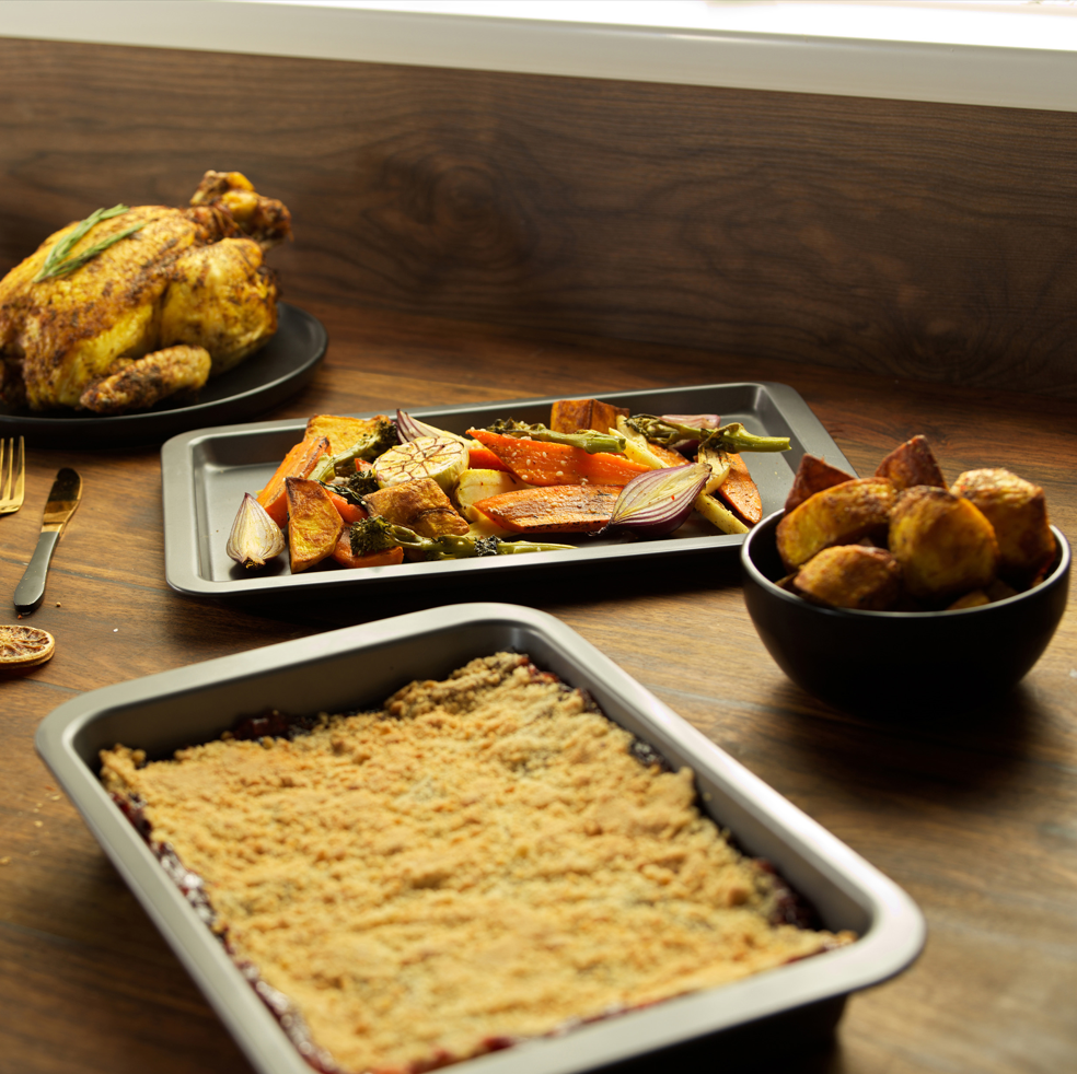 Food in baking trays