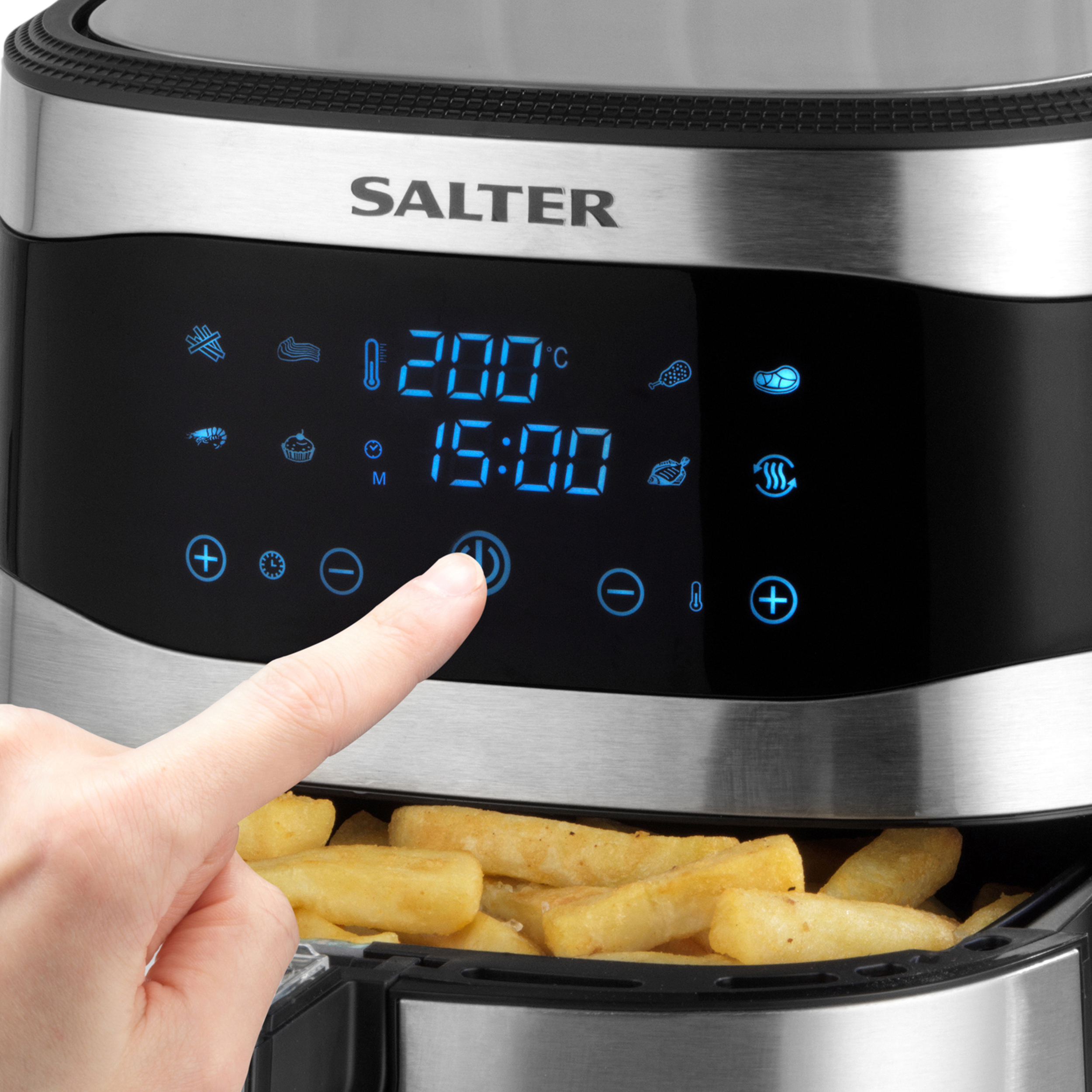 Someone turning on a A Salter Go healthy XXL Hot Air fryer