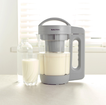 A Salter plant milk maker with a glass of plant milk
