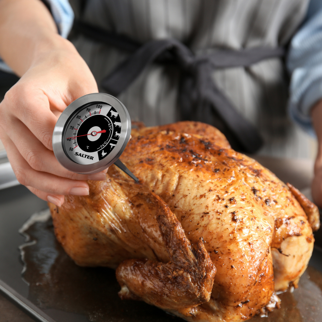 Salter Oven thermometer being used on a roast chicken